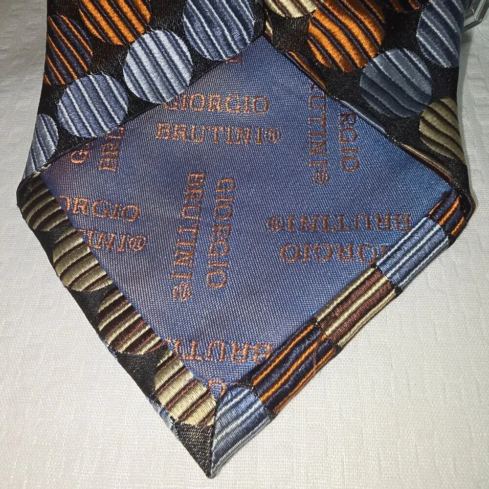 GIORGIO BRUTINI 100% SILK TIE BROWN BRONZE CREAM AND BLUE POLKA DOT EUC